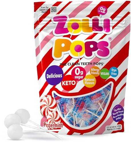 Zollipops Clean Teeth Pops - Caramelos sin azúcar con xilitol, piruletas sin colorantes, aptas para dieta cetogénica y diabética, golosinas aprobadas por dentistas para niños (menta 5.2 onzas)