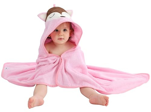 HAHASHOW Junge Mädchen Bambus Viskose Kapuze Badetuch, Handtuch Mit Niedlichem Tierdesign, Große Und Saugfähige Kleinkindhandtücher Für Neugeborenes,Rosa Fuchs Säugling 75 * 75 cm.