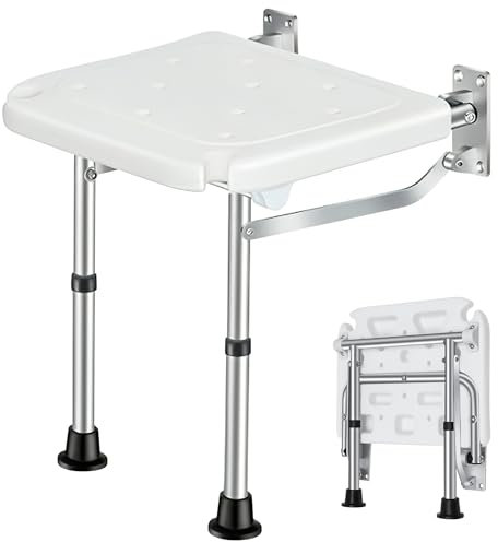 HEIGHT Adjustable Wall Mounted Folding Shower Chair for Elderly | Space Saving Foldable Bath Seat for Adults & Disabled | Heavy Duty Shower Seat for for Elderly, Disabled, Pregnant & Adults