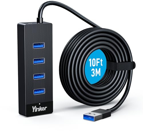 Yinker 3m USB 3.0 Hub 4 Port 5Gbps Geschwindigkeit & 5V USB-C Stromversorgung – USB Hub Splitter für Büro, Home-Office, Gaming & Externe Geräte