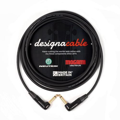 designacable.com 10m - Angled to Angled Black Jack Guitar Cable - Handmade in the UK using Mogami GOLD 2524 Guitar Cable & Neutrik NP2RX-B Jacks.