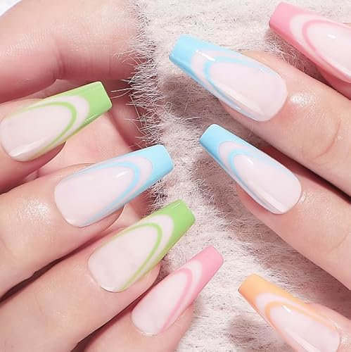 French Tip False Nails with Glue 24 Pcs Soft Gel Press On Nails in 12 Sizes Reusable (Pastels, One size)