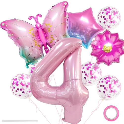 Schmetterling Folienballon,Ballon Anniversaire 4 Ans,XXL Bunt Schmetterlinge Themenballon,Blumen Helium Ballon,Blumen Stern Rosa Luftballons,Schmetterling Folienballon 4 für Kindergeburtstag Deko (4)