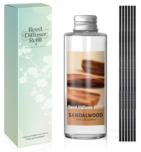 SCENTORINI Sandalwood Reed Diffuser Refill Oil 200ml Home Fragrance | Includes 6 Reed Sticks for Easy Use, Compatible with Most Diffuser Bottles and Ideal for Bedrooms, Studies and Living Spaces