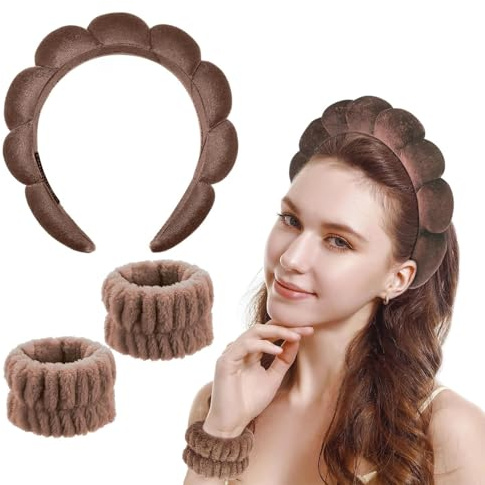 Svamp pannband armband set för tvätt ansikte, makeup pannband för kvinnor flickor, hudvård smink borttagning tvätt spa yoga sport duschhuvud frotté handduk hårband