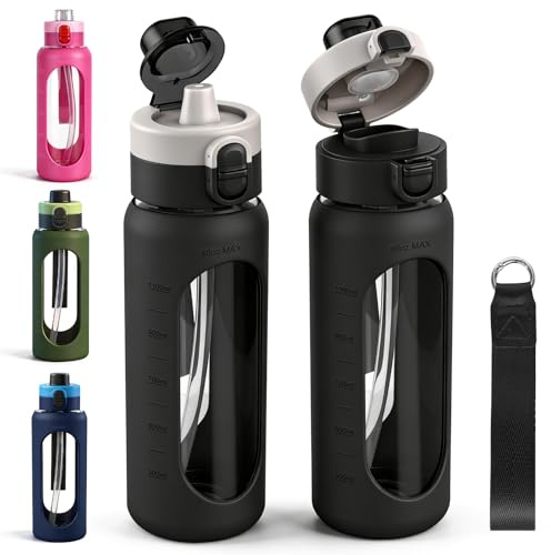 ANOTION 40OZ/1200ml Glass Water Bottle, Black | Large Sports Water Bottle, Dual-Drink Lid, Clear Leakproof with Straw, Motivational Jug with Silicone Sleeve