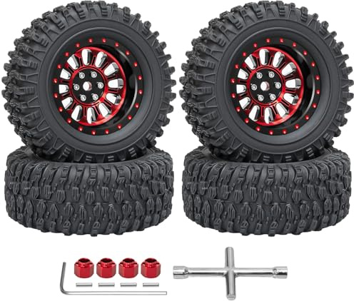 LRFHL 1.3 Beadlock Wheel Tires Aluminum 1.3 Beadlock Wheels and Tires Upgraded 1.45-inch Wheel for 1/24 SCX24 1/18 TRX4M RC Crawler Car Upgrade (4PCS, Red)