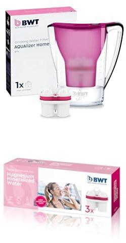 Bundle | BWT Jarra Filtradora de Agua Aqualizer Berenjena 2,7L | Reduce Cal, Cloro e Impurezas y Enriquece con Magnesio – incl. 4 Cartucho MAGNESIO | Hasta dureza de 14,9 °dH