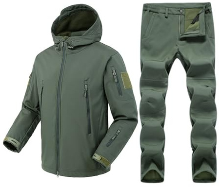 Gefomuofe Tuta da pesca da uomo impermeabile con cappuccio e pantaloni da lavoro Set abbigliamento da lavoro militare tuta calda tuta da allenamento in pile tuta da caccia tuta fitness, verde, M
