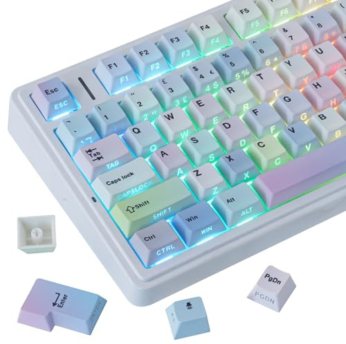 Sunzit PBT Keycaps UK Layout,130 Keys Custom Cherry Profile Dye-Sub Keycap Set Bubble Rainbow Side Print Shine Through Keycaps for Cherry MX Switches ISO/ANSI UK Layout Mechanical Gaming Keyboard