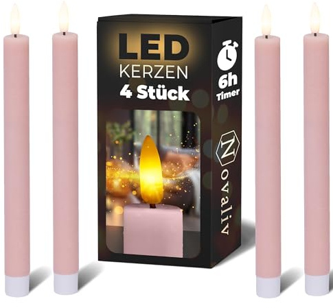 Novaliv Stabkerzen LED mit Timer PINK 4 Stück Indoor 6 Stunden - ECHTWACHS 24,5cm Höhe für Kerzen 2,2cm Durchmesser 2 AAA Batterien notwendig LED Stabkerzen flackernde Flamme bewegliche Flamme Licht