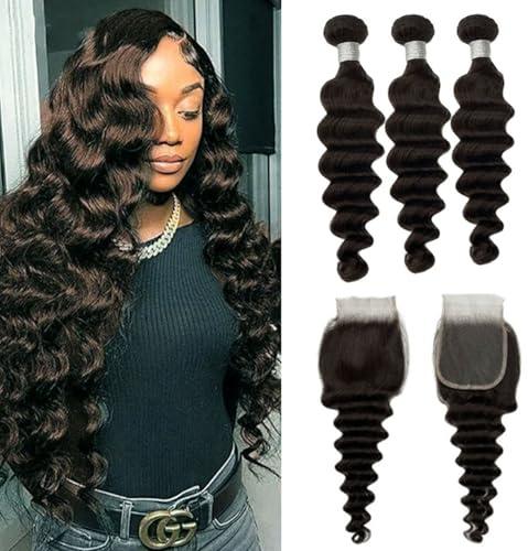 FUIBEJAE #2 Paquetes de Cabello Humano Ondulado Suelto con Cierre Cabello Negro Marrón Paquetes con Cierre de Encaje Extensiones de Cabello Virgen Brasileño para Mujeres Negras,20 22 24+20free