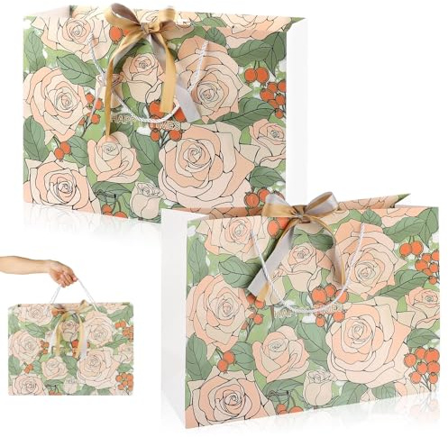 2 Stück Rose Extra große Geschenktüten Set mit Griffen und Band 42x30x15cm Bunte Papiertragetaschen Robust Geschenkbeutel Papiergeschenktüten für Geburtstag Hochzeit Baby Shower Jubiläum Weihnachten