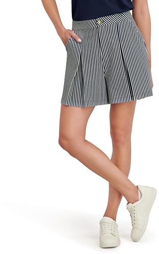 Stella Parker Women's Pleat Front Wide Leg Short –Stretch Fabric, Zip Front & Back Pockets, 9” Inseam, White Navy Stripe, 4