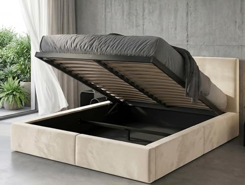 Polsterbett 140x200 cm mit Bettkasten und Lattenrost – Stauraumbett Doppelbett in Kaschmir Hydrophober Samtbezug Gepolstertes Bettgestell belastbar bis 300 kg ohne Matratze (Kaschmir, 140x200)