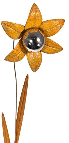 CIM Rost Gartenstecker Gartendeko - Edelrostblume Mirror Lilie L - Abmessung: 30x26x104cm - oxidierter Stahl, polierte Edelstahlkugel - inkl. 2-zackiger Bodenverankerung