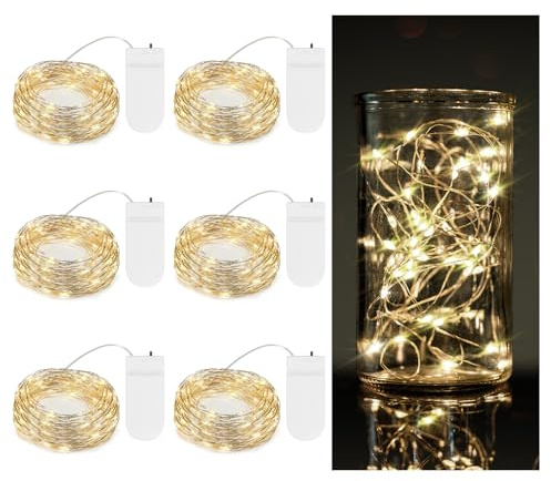 TingMiao 6 Pack Fairy Lights Battery Operated 7.2 ft 20 LED Mini String Lights Waterproof Silvery Copper Wire Firefly Starry Lights for Wedding Bedroom Party Christmas Decor(Warm White)