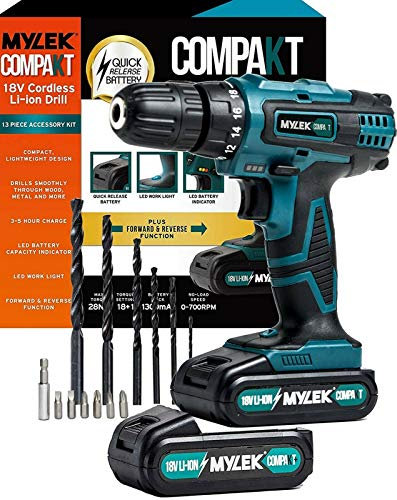 MYLEK 18V Cordless Drill with Two Batteries Lithium Ion, UK Charger, 18 Volts Combi Driver Electric Screwdriver, DIY Accessory Kit (Blue 18V Drill with Two Batteries)
