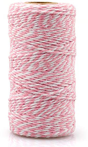 Hilo de Algodón Cuerda de Navidad de 100M para Envolver Regalos, Manualidades, Cocina, Decoración - Rosa y Blanco