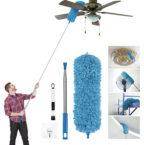 Vicloon Feather Duster Extendable, 100 Inch Microfiber Duster with Steel Telescopic Handle, Bendable and Window Slot Cleaning Brush for Ceiling Fans, Cars