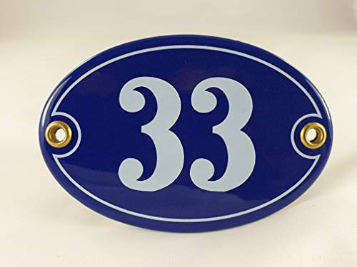 Emaille Hausnummer Schild Nr. 33, oval, Blau-Weiß Handarbeit