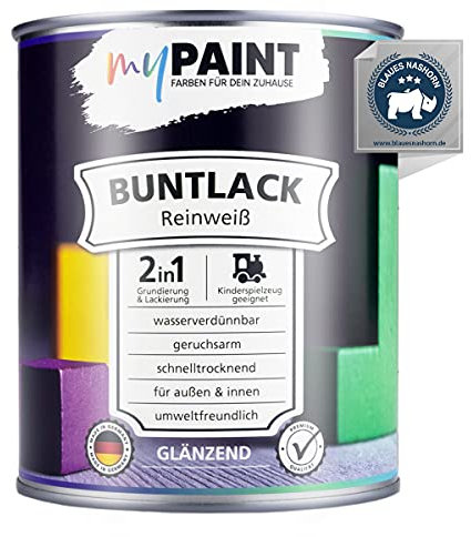 myPaint 2in1 Buntlack Glänzend (750ml Reinweiß/Weiß RAL 9010) – Wetterfeste Holzfarbe Holzlack & Küchenmöbellack. Getrocknet sicher für Kinderspielzeug. Für Innen & Außen