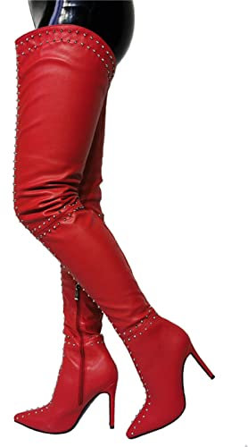 BeAUZQ Damen Oberschenkelhohe Stiefel Mode Punk Rivet Design Stilettos Overknee Stiefel Fetisch High Heels Sexy Stripper Club Pole Dance Schuhe,Rot,42