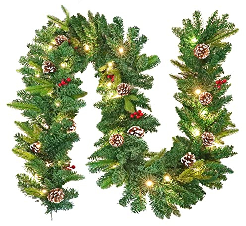 HENGMEI Weihnachtsgirlande mit Beleuchtung 5m Künstlicher Weihnachtstürkranz Tür LED Tannengirlande Weihnachtsdekoration mit Beeren und Tannenzapfen für Haustür, Kamin und Wanddekoration (Grün)