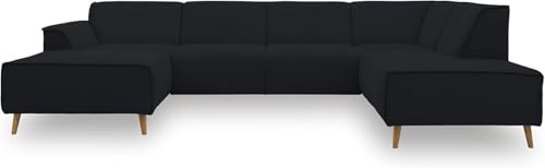 DOMO. collection Wohnlandschaft Jules FK, skandinavisches Sofa mit Federkern, Couch in U-Form mit Holzfüßen, 333 x 191 x 81 cm (BxTxH), Longchair links, schwarz