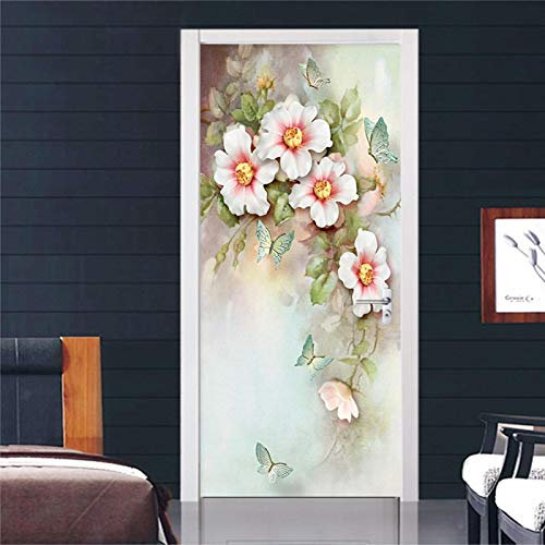 FHKGIUJAD 3D Drucken | Tür Bekleben Mit Türtapete Selbstklebend Weiß Vintage Blume | Tür Verschönern Mit Türfolie | Türaufkleber Xxl Türbilder | Türposter Türklebefolie 88X200Cm