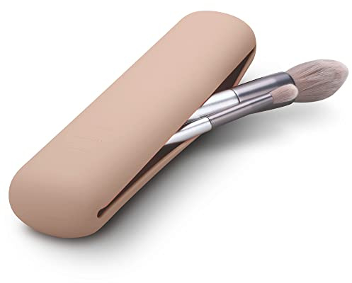 FERYES Travel Makeup Brush Holder, Magnetic Anti-fall Out Silicon Portable Cosmetic Face Brushes Holder, Soft and Sleek Makeup Tools Organizer for Travel-Khaki（7.8 * 1.89 * 0.8 Inches）