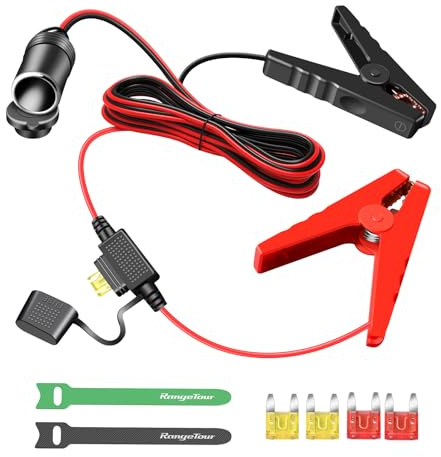 Range Tour Presa Accendisigari Femmina Auto 12V/24V, Batteria Morsetti a Coccodrillo Connettore 1,8m per Auto Clip-on Prolunga Cavo di ricarica con custodia Fusibili Max 20A current(clip da 100mm)