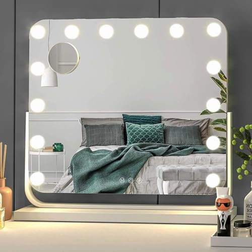 MAMIZO Hollywood Spiegel mit Beleuchtung, 57x 48 cm Drehbarer Großer Schminkspiegel mit Licht, LED Kosmetikspiegel für Schminktisch, Einstellbarer Helligkeit und 3 Lichtfarben, Weiß