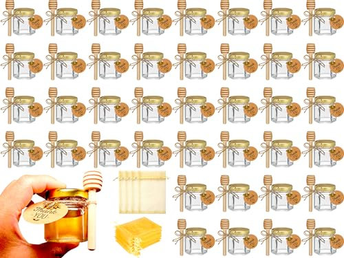 Adabocute Lot de 40 mini pots à miel – Pot à miel avec cuillère à miel, pendentifs abeilles, jutes, étiquettes et sacs cadeaux – Parfait pour les cadeaux de fête prénatale et les cadeaux de mariage