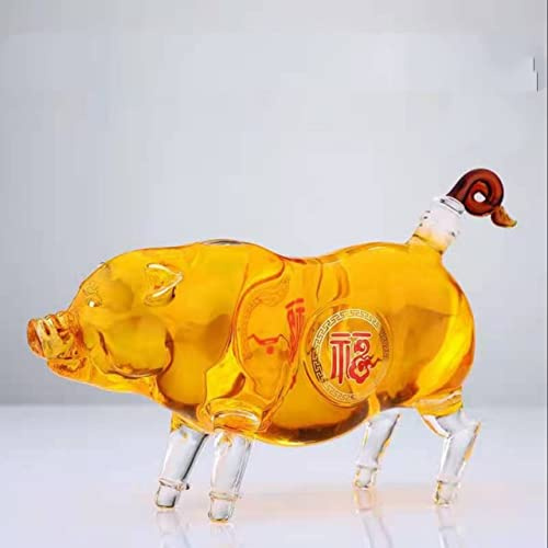 WRAJPQM Lucky Pig Whisky Decanter, Chinese Zodiac Animal Decanter Wine Bottle, Lead-Free Glass Animal Whisky Bottle, 1000ML Whisky, Vodka, Scotch Whisky, Rum, Tequila Lovers Gift (Empty Bottle)