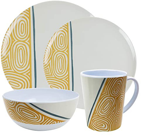 Leisurewize - 16-Piece Melamine Dinner Set | 4 Plates, 4 Side Plates, 4 Bowls, 4 Mugs | Lightweight, Heat Resistant, Dishwasher Friendly | Camping Motorhome Travel Cookery (Kakado)
