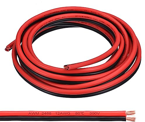 QUARKZMAN 12AWG Elektrischer Draht 2 x 3,31 mm² Strom Kabel 3 Meter Weich und flexibel Kupfer Verlängerungskabel UL2468 Mantelleitung Gerätekabel PVC Silkon 2 adrig Rot Schwarz Elektrokabel