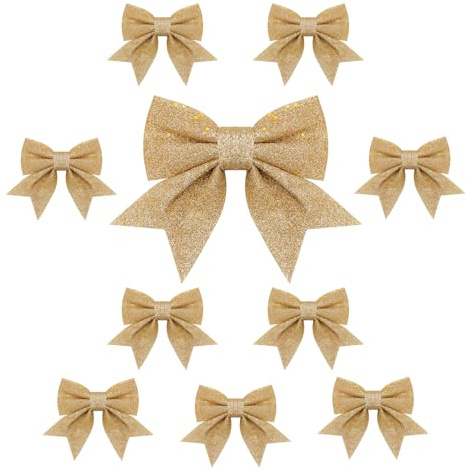 Topways 10PCS Christmas Bow Decorations, Gold Sequin Bow Ties for Christmas Tree, Xmas Ornaments for Home Party 6.7in