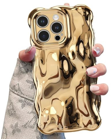 UEEBAI Case for iPhone 12 Pro 6.1 inch, Cute Solid Color Curly Wave Shape Shockproof Soft TPU Bumper Phone Case, Candy Water Ripple 3D Silicone Slim Pretty Case Non-yellowing Cover - Gold