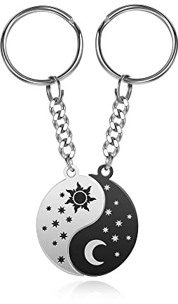 PiercingJak 2 Stück Schlüsselanhänger Paar Verliebte Sonne Mond Yin Yang Schwarz und Weiß Puzzle-Anhänger teilbar Edelstahl Geschenk Liebe Damen Herren Valentinstag Geburtstag Party, schwarz / weiß,