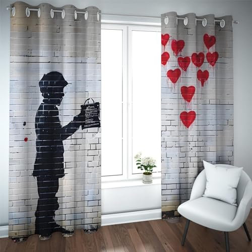 CHERHERART Rote Liebe Verdunkelungsvorhänge Graffiti Junge Street Art Fenstervorhänge für Schlafzimmer Wohnzimmer Tülle Top Fenster Vorhänge 2 Paneel Set B168xH229