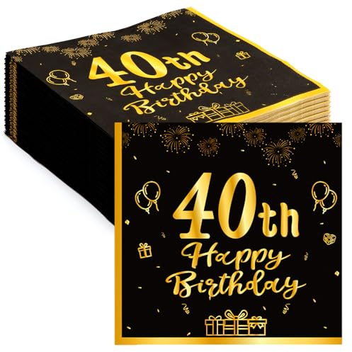 ZOCONE Lot de 60 serviettes jetables noires et dorées pour 40e anniversaire - Décorations de table pour homme et femme