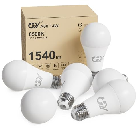 GY E27 LED Ultrahelle Energiespar Glühbirne, 14W Glühbirne E27, Ersetzt 100W lampe, A60 LED Birne 1540LM, 6500K Led Kaltweiss, 280° Abstrahlwinkel Energiesparlampe, Nicht Dimmbar, 6 Stück