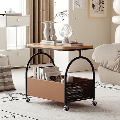 Fslvmin Schmaler Beistelltisch mit Zeitschriftenhalter Aus Pu-Leder, 2-stufiger Kleiner Couchtisch, Mobiler Snacktisch, Nachttisch für Wohnzimmer, Schlafzimmer, Sofa(55x36x53cm(22x14x21inch), Black)