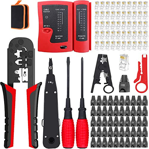 MAYLINE CAT5 CAT6 di Rete Professionali Crimpatrice RJ45 Pinza Cirmpatura Strumenti Kit per LAN Cavi Ethernet RJ11/RJ12 Cat7 Manutenzione del Kit LAN Tester del (Rosso)