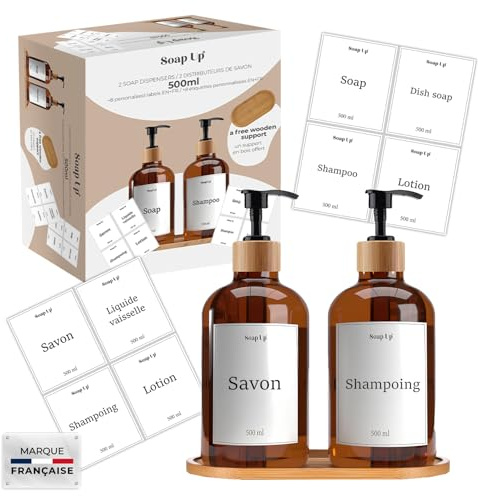 2 Spender 50 cl für Seife, Shampoo, Geschirrspülmittel | Bambushalter, Trichter & Etiketten zum Selbstgestalten | Praktisches Küchen und Badezimmerzubehör | OriginalCorner®