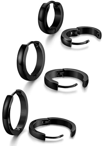 YADOCA 3 Paar Herren Ohrringe Creolen Ohrringe Set Edelstahl Hypoallergen Schwarz Creolen Ohrring für Männer Frauen 12/16/20mm