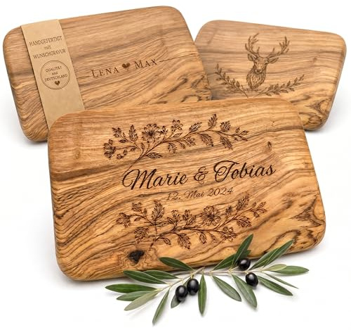 Frühstücksbrettchen personalisiert, Olivenholz - Hochwertiges Vesperbrett mit Gravur als individuelles Geschenk (Floral)