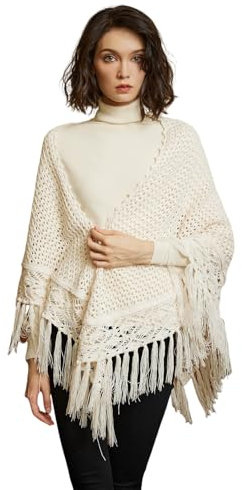 BEAUTELICATE Femme Châle Étole en Tricot Cape Couverture Crochet Tangulaire Foulard Écharpe À Glands Chaud pour Hiver Automne Printemps Cadeaux De Noël, Crème
