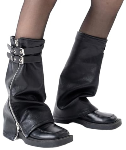MZRAN Scaldamuscoli per donne e ragazze, Harajuku nero in pelle PU scaldamuscoli con occhielli cinghie Y2K punk cerniera svasata copertura gamba manica calzini streetwear, Nero , M